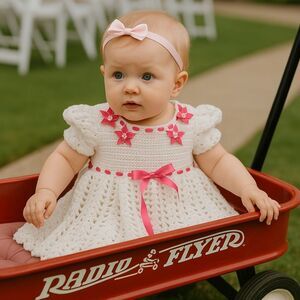 Handmade Crochet Baby Dress White Pink Ribbon Flowers 3–6 Mth Cottagecore